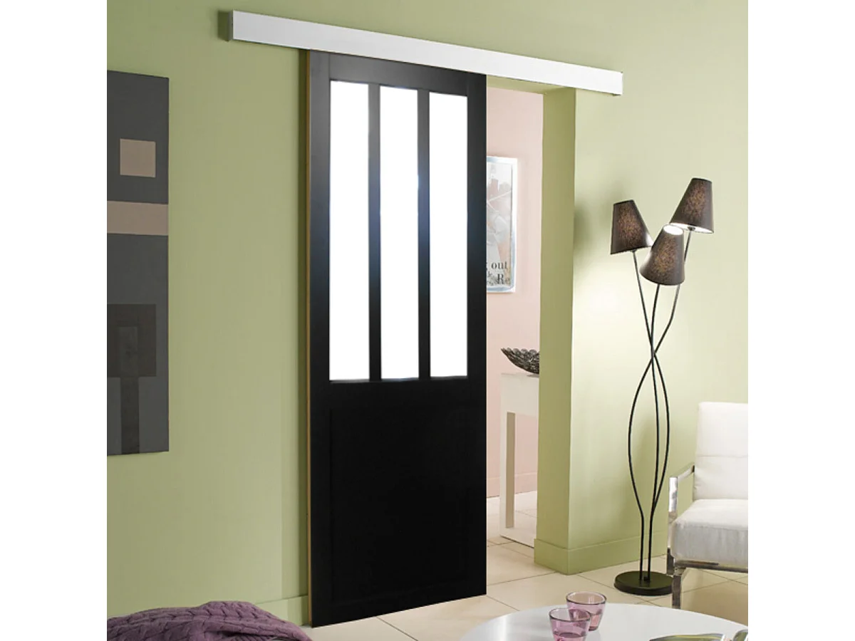 Porte Coulissant Atelier Noir Vitre Depoli H204 X L73 + Rail Alu Gd Menuiseries