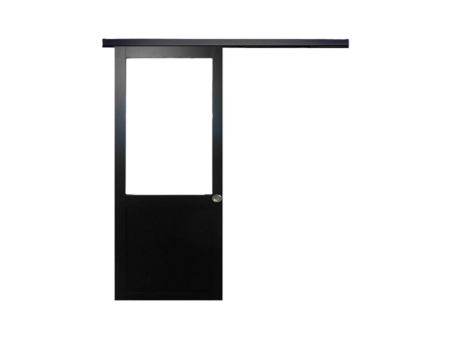 Porte Coulissant Atelier Noir Sans Meneau H204 X L73 + Rail Alu Bandeau Noir Et Coquilles Gd Menuiseries