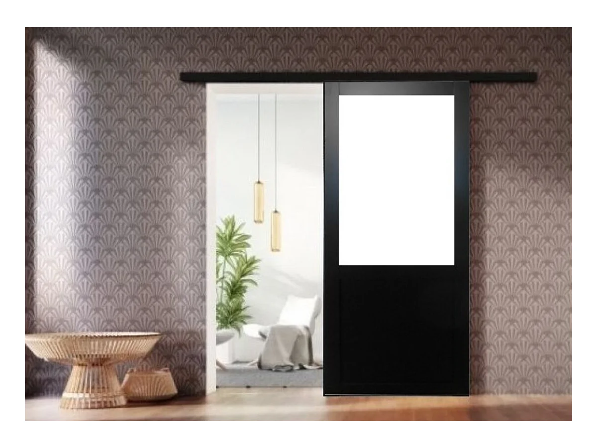Porte Coulissant Atelier Noir Vitree H204 X L93 Sans Meneau + Rail Alu Bandeau Noir Gd Menuiseries