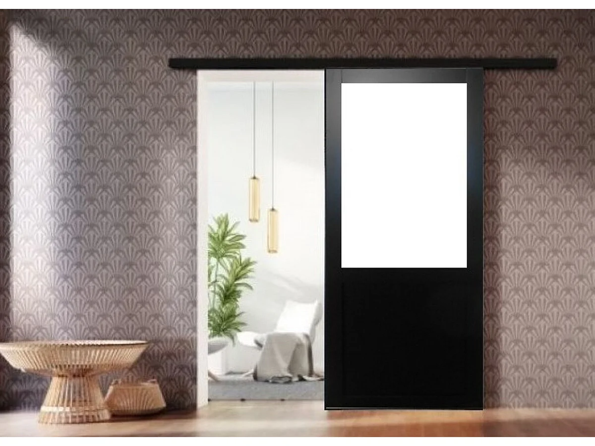 Porta scorrevole nera per officina in vetro H204 x L93 senza montante + binario in alluminio Striscia nera