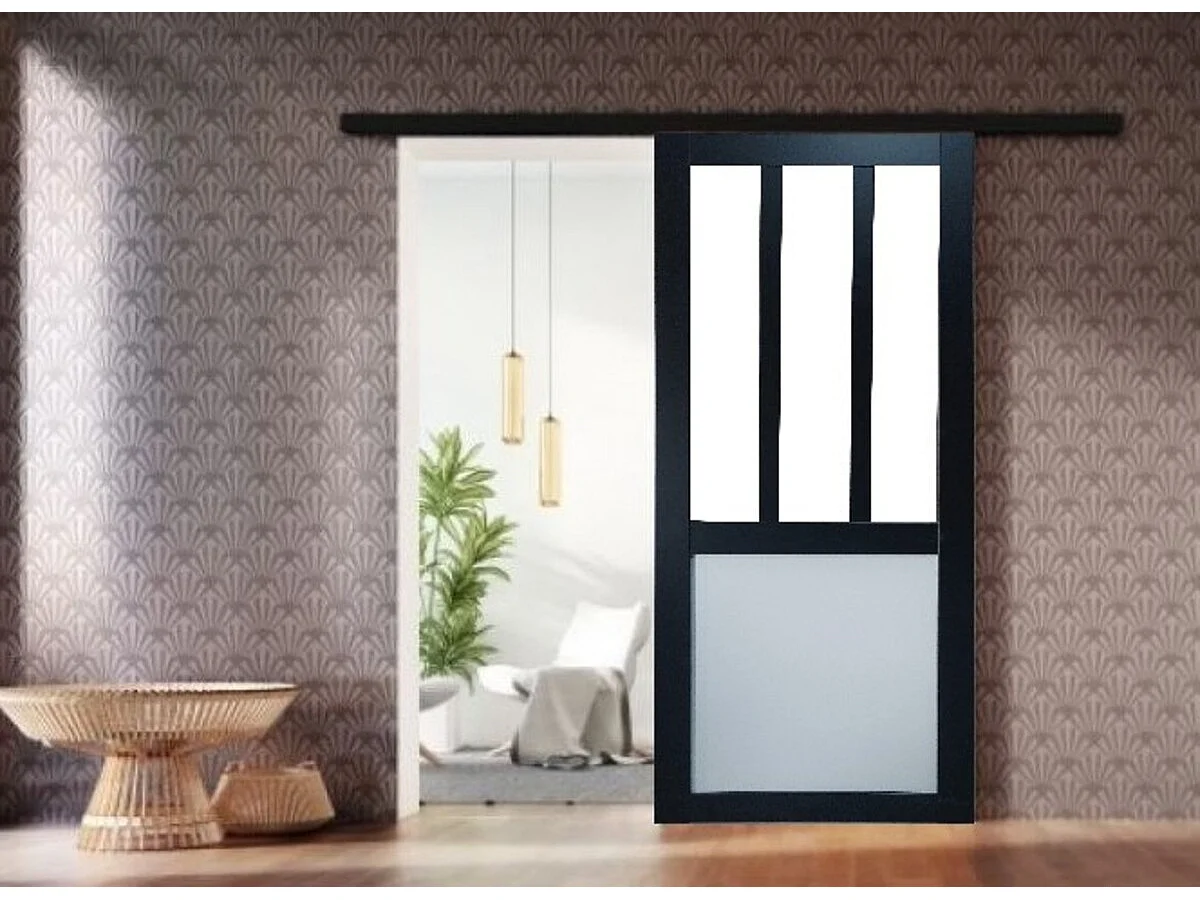 Porta scorrevole da officina nera, con vetro bianco H204 x L73 cm, binario in alluminio nero, conchiglie nere per GD MENUISERIES