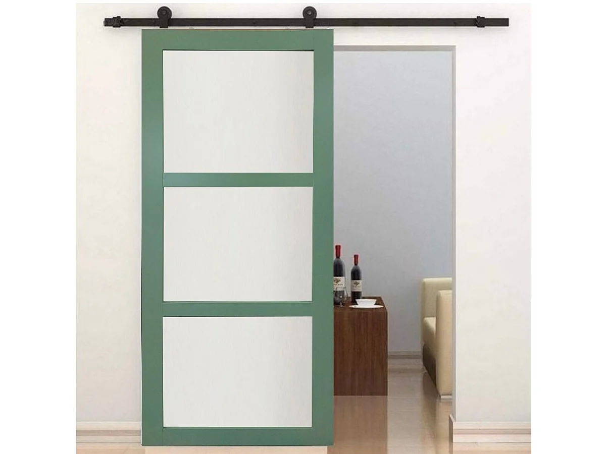 Porte Coulissante Vert Ral 6021 Vitree H204 X L83 + Rail A Roulette Gd Menuiseries