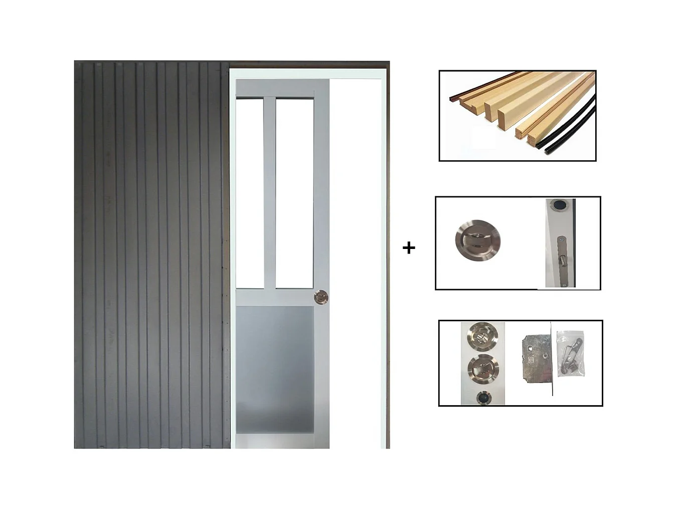 Porte Coulissante Atelier Blanc Et Panneau Gris Ral7035 Vitree H204 X L73 + Systeme De Galandage Et Kit De Finition Inclus Gd Menuiseries