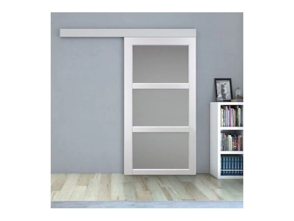 Porte Coulissante Kenya Blanc Vitree H204 X L93 + Rail Aluminium Bandeau Blanc Gd Menuiseries