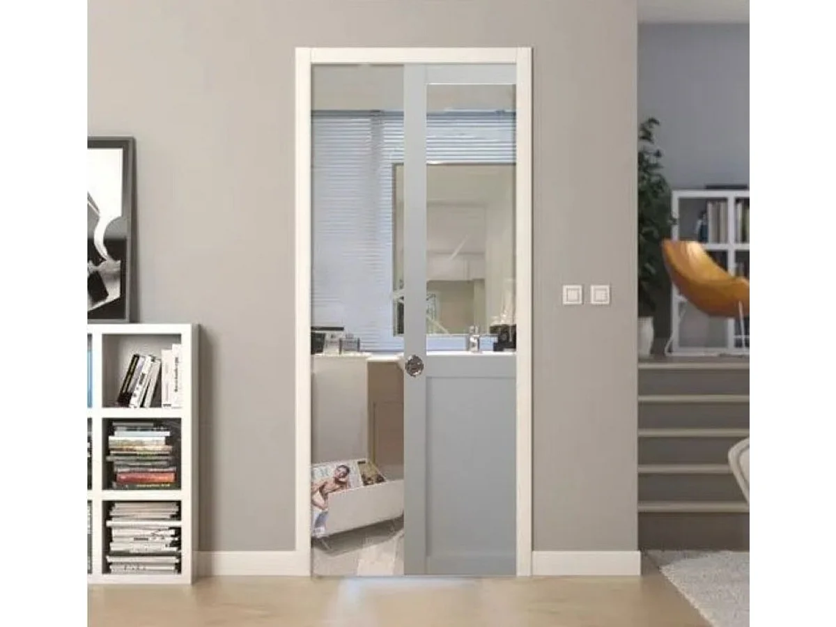 Porta Scorrevole Officina Bianca H204 x L93 senza montante + Sistema Pocket e kit di finitura inclusi senza maniglia