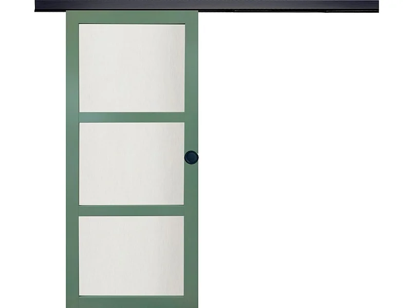 Porta Scorrevole Verde Ral 6021 Vetrata H204 x L73 + Binario Alluminio Nero e 2 Gusci Neri