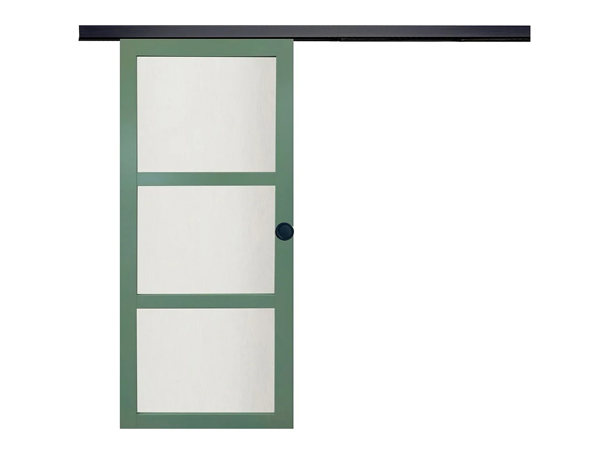 Porta Scorrevole Verde Ral 6021 Vetrata H204 x L73 + Binario Alluminio Nero e 2 Gusci Neri