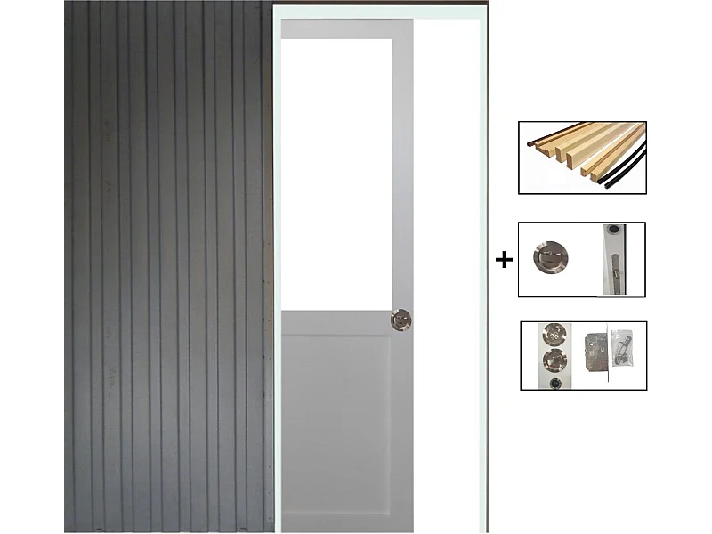 Porte Coulissant Atelier Blanc H204 X L83 Sans Meneau + Systeme De Galandage Et Kit De Finition Inclus Gd Menuiseries