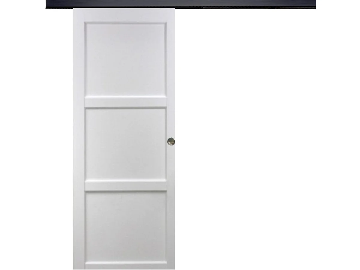 Porte Coulissante Korya Blanc 3 Panneaux H204 X L93 + Rail Alu Bandeau Noir Et Coquilles Gd Menuiseries