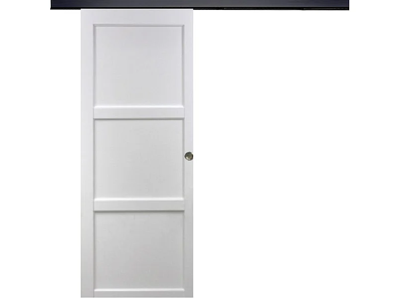 Porte Coulissante Korya Blanc 3 Panneaux H204 X L93 + Rail Alu Bandeau Noir Et Coquilles Gd Menuiseries