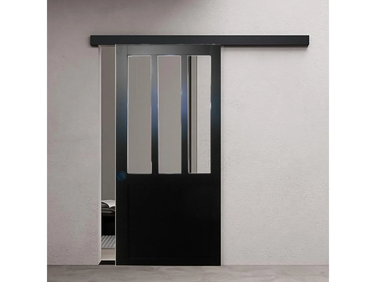 Puerta corredera de taller negra Al 204 x L 93 + riel de aluminio negro y 2 carcasas negras