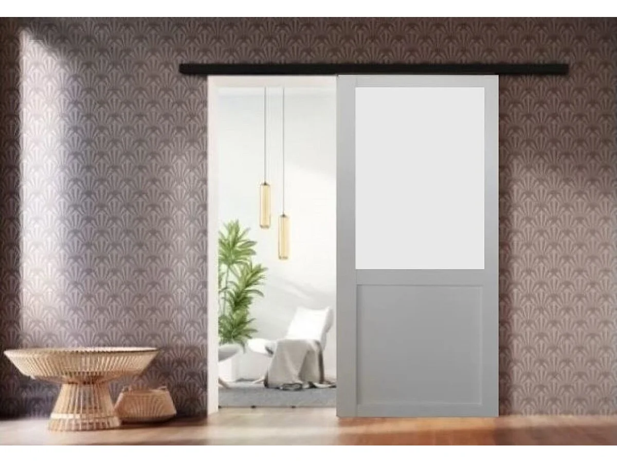 Puerta corredera blanca Athena H204 x L83 + riel de aluminio negro y 2 carcasas