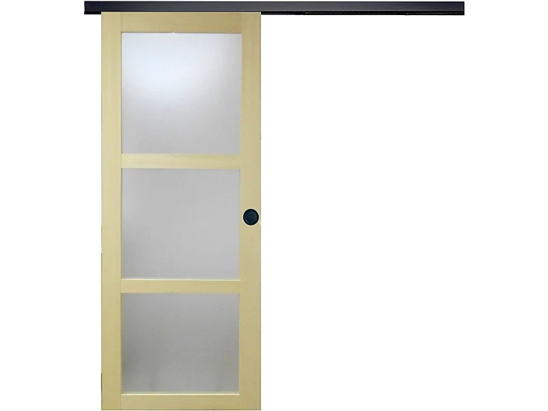 Puerta corrediza de madera Ayous de cristal H204 x L83 + riel de aluminio negro y 2 carcasas negras sin manilla