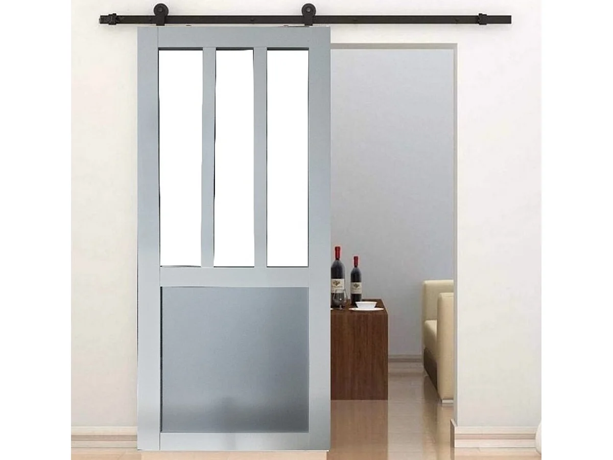 Puerta corredera de taller blanca y paneles de cristal gris RAL7035 H204 x L83 + carril enrollable negro y 2 carcasas