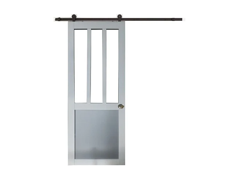 Puerta corredera de taller blanca y paneles de cristal gris RAL7035 H204 x L83 + carril enrollable negro y 2 carcasas