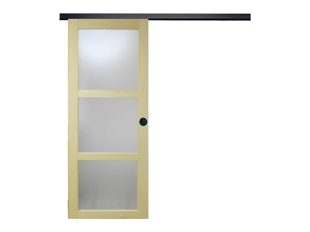 Porte Coulissante Bois Ayous Vitree H204 X L93 + Rail Alu Bandeau Noir Et Coquilles Noir Gd Menuiseries