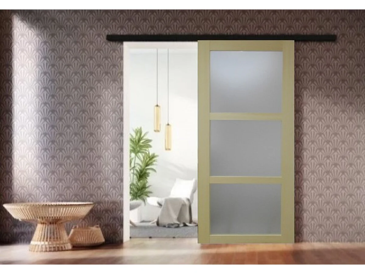 Puerta corrediza de madera Ayous de cristal Al 204 x L 93 + riel de aluminio negro y 2 carcasas negras sin manilla