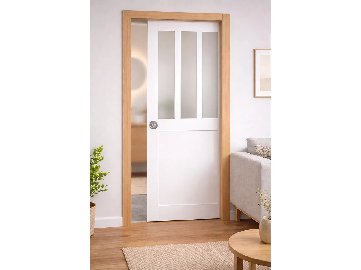 Porta Scorrevole Officina Bianca con vetro satinato H204 x L73 + Sistema Pocket e kit di finitura inclusi senza maniglia