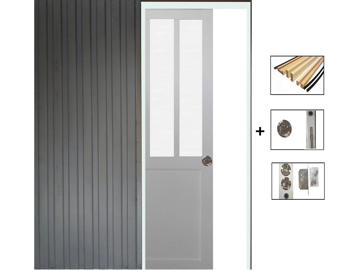 Porta Scorrevole Officina Bianca con vetro satinato H204 x L73 + Sistema Pocket e kit di finitura inclusi senza maniglia