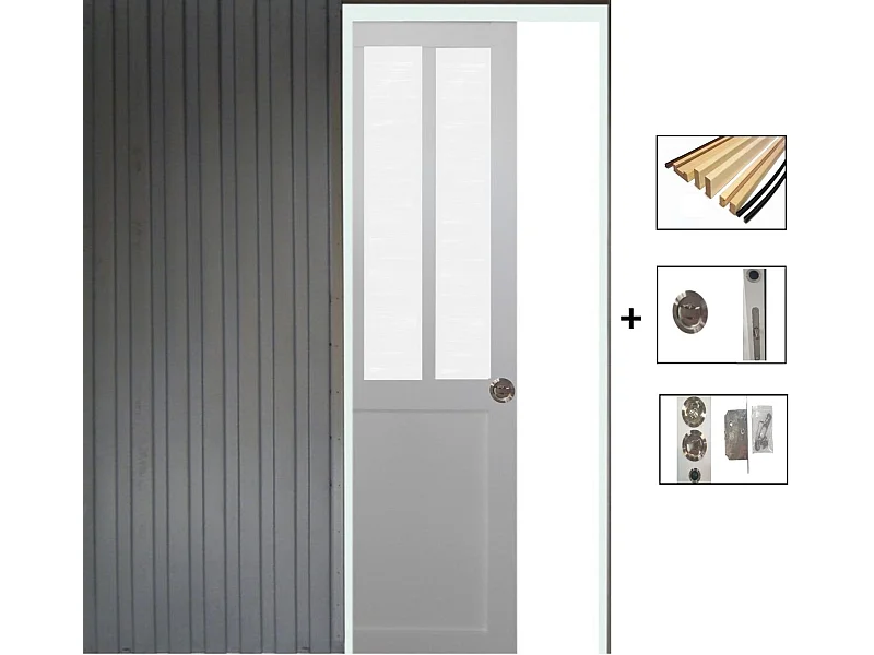 Porte Coulissante Atelier Blanc Vitre Depoli H204 X L73, Galandage, Kit De Finition Gd Menuiseries