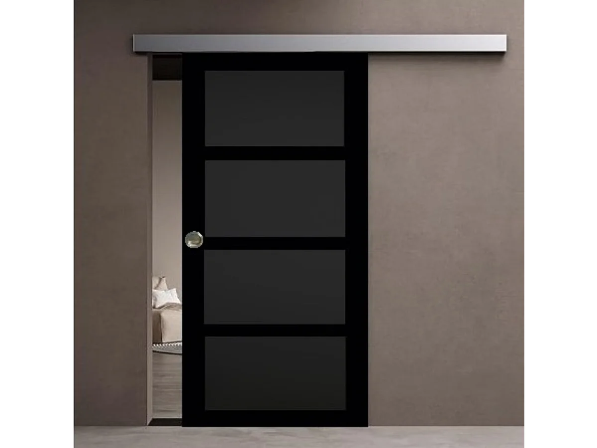 Porta scorrevole Telia nera 4 pannelli H204 x L73 + binario in alluminio e 2 gusci