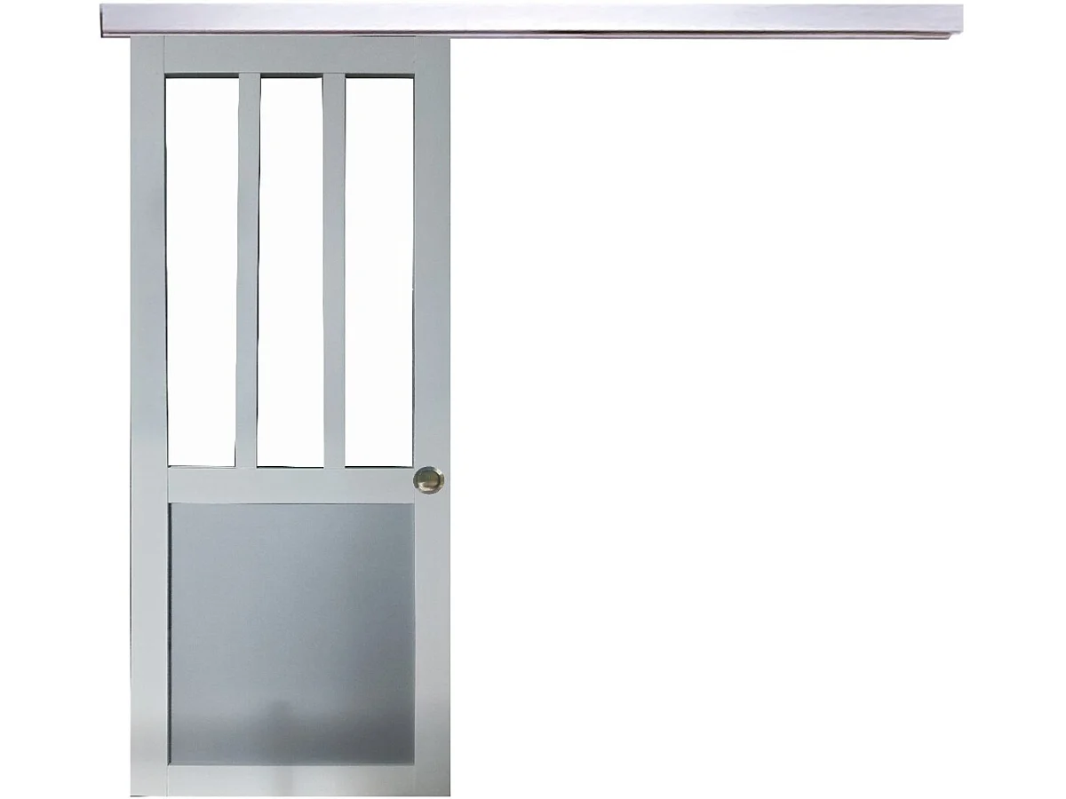 Porte Coulissante Atelier Blanc Et Gris Ral7035 Vitree H204 X L73 + Rail Alu Et Coquilles Gd Menuiseries