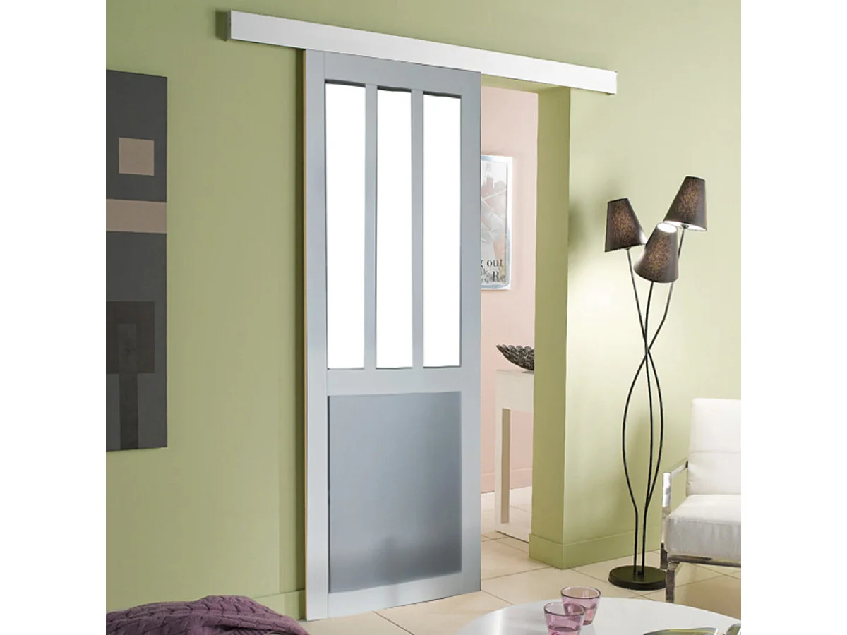 Porte Coulissante Atelier Blanc Et Gris Ral7035 Vitree H204 X L73 + Rail Alu Et Coquilles Gd Menuiseries