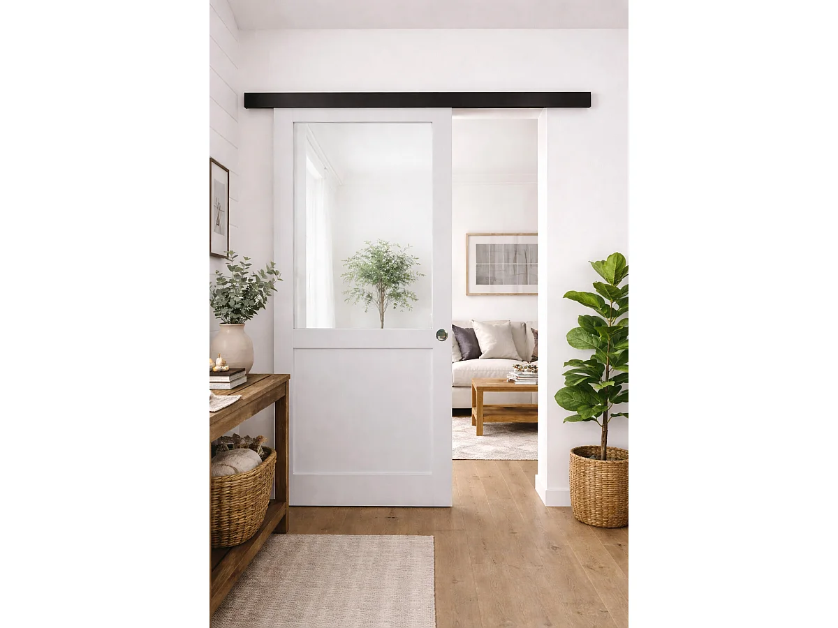 Porta scorrevole da laboratorio bianca senza montante H204 x L73 cm, binario in alluminio con nastro nero, conchiglie GD MENUISERIESti