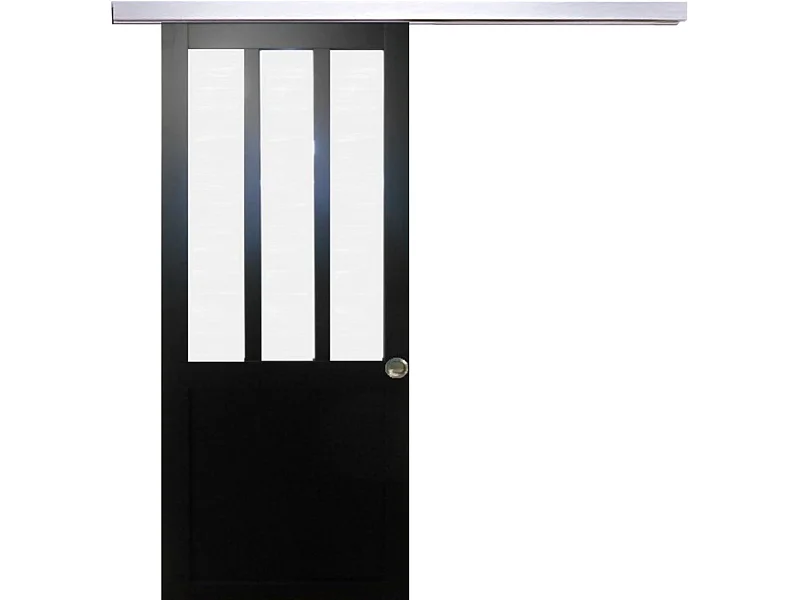 Puerta corredera de taller negra de cristal esmerilado H204 x L73 + riel de aluminio y 2 carcasas