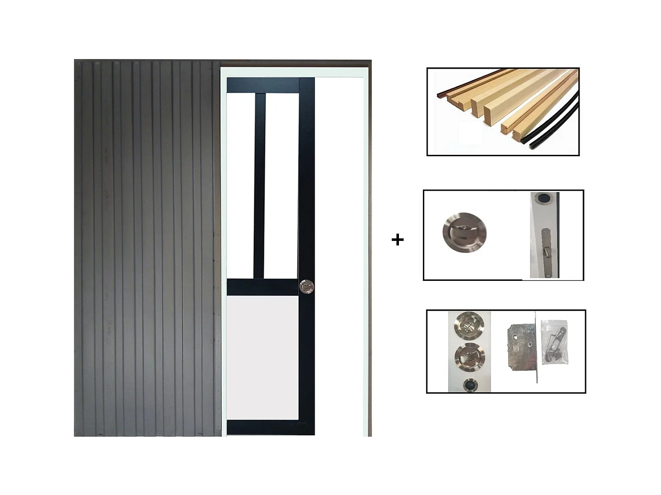 Porte Coulissante Atelier Noir Et Panneau Blanc  Vitree H204 X L83 + Systeme De Galandage Et Kit De Finition Inclus Gd Menuiseries