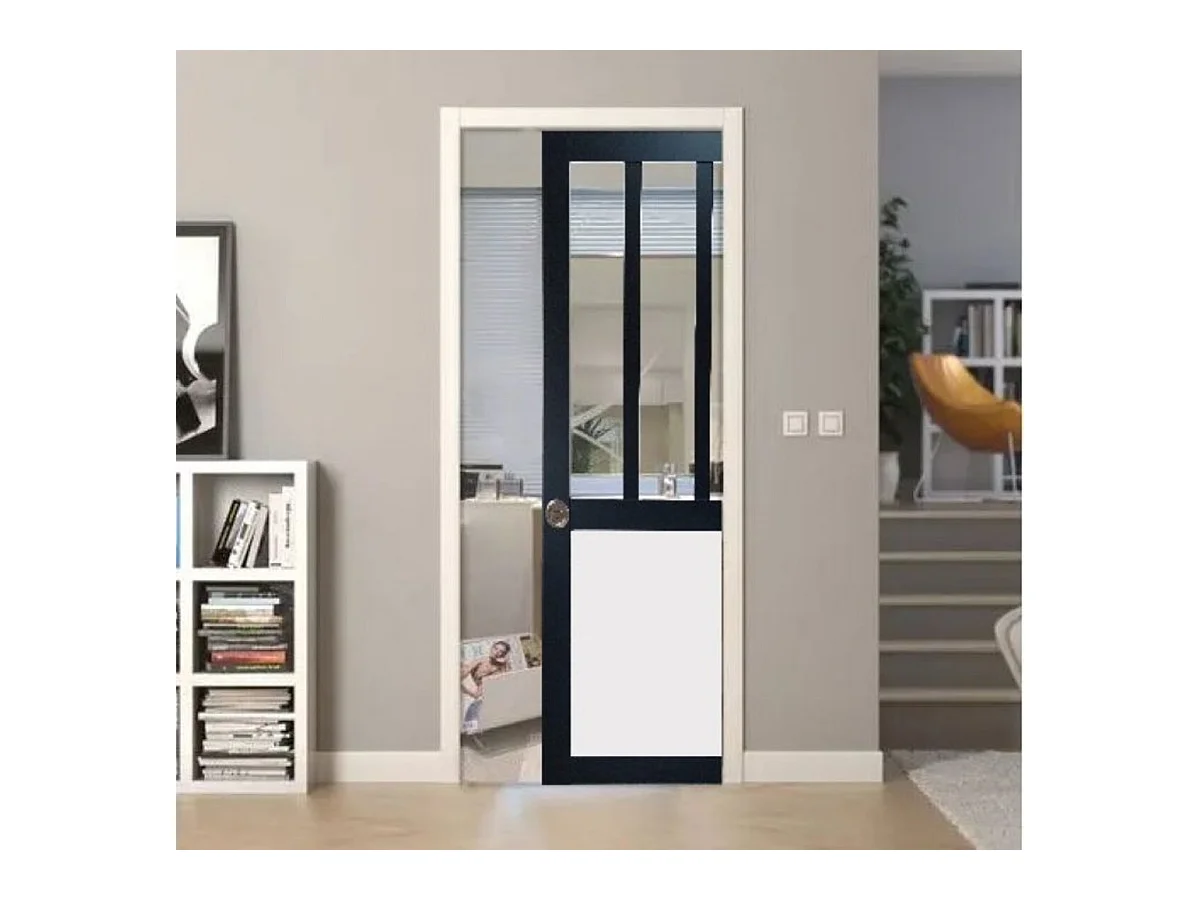 Porte Coulissante Atelier Noir Et Panneau Blanc  Vitree H204 X L83 + Systeme De Galandage Et Kit De Finition Inclus Gd Menuiseries
