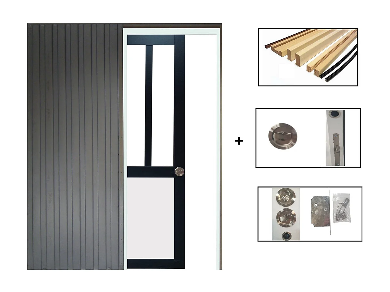 Puerta corredera de taller negra, panel blanco con vidrio H204 x L83 cm, empotrada, kit de acabado Gd Menuiseries