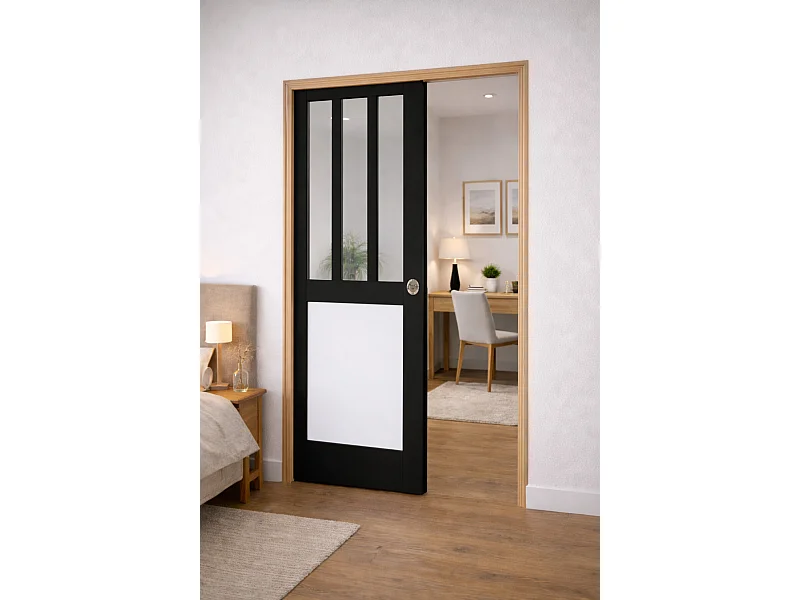 Porte Coulissante Atelier Noir, Panneau Blanc Vitrée H204 X L83, Galandage, Kit De Finition Gd Menuiseries