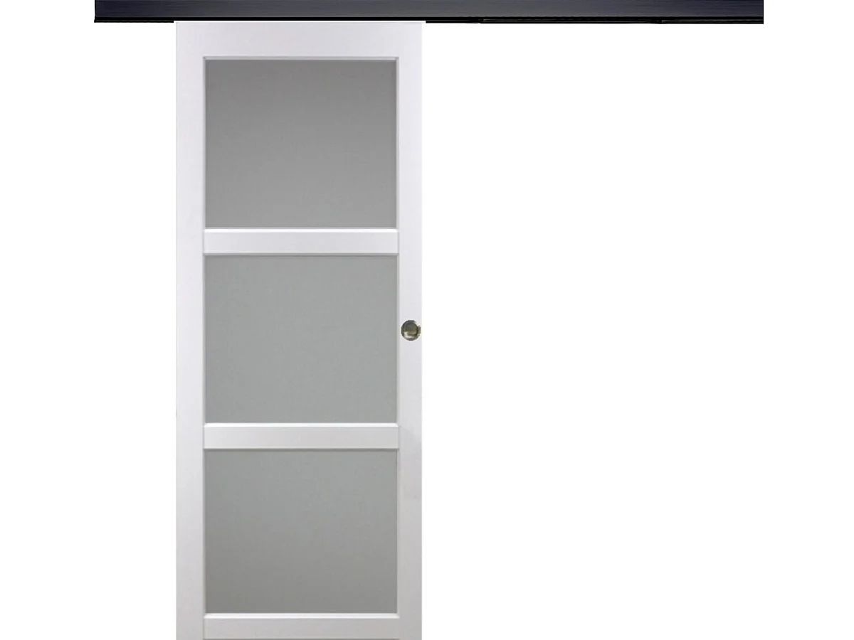 Porte Coulissante Kenya Blanc Vitrée H204 X L93, Rail Alu Bandeau Noir, Coquilles Gd Menuiseries