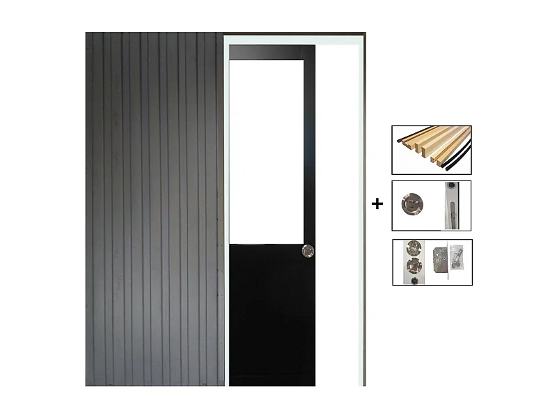 Puerta corredera de taller negra Al204 x L83 sin parteluz + Sistema de bolsillo y kit de acabado incluidos sin manilla