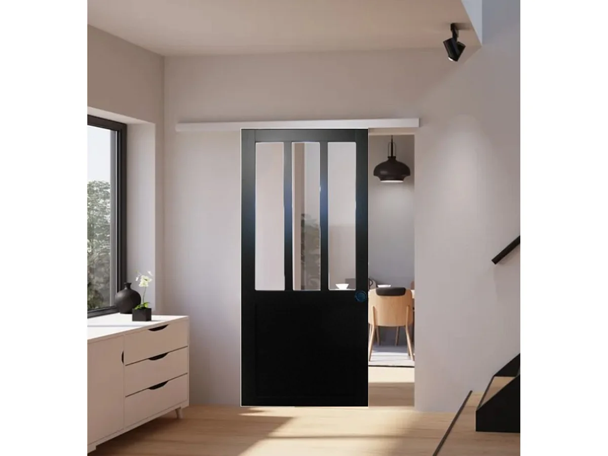 Puerta corredera de taller negra H204 x L83 cm, riel de aluminio con banda blanca, conchas negras para GD MENUISERIES