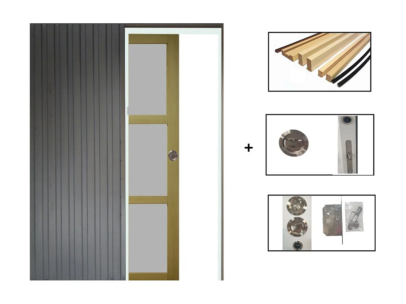 Porte Coulissante Ayous 3 Panneaux Gris Ral 7035 H204 X L83 + Systeme A Galandage Et Kit Finition Inclus Gd Menuiseries