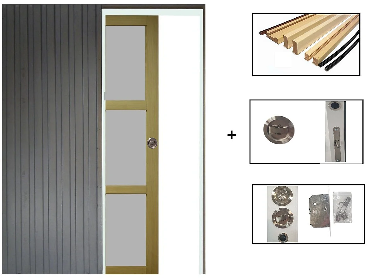 Puerta corredera de ayous de 3 paneles gris claro H204 x L83 cm, galandage, kit de acabado de GD MENUISERIES sin manilla