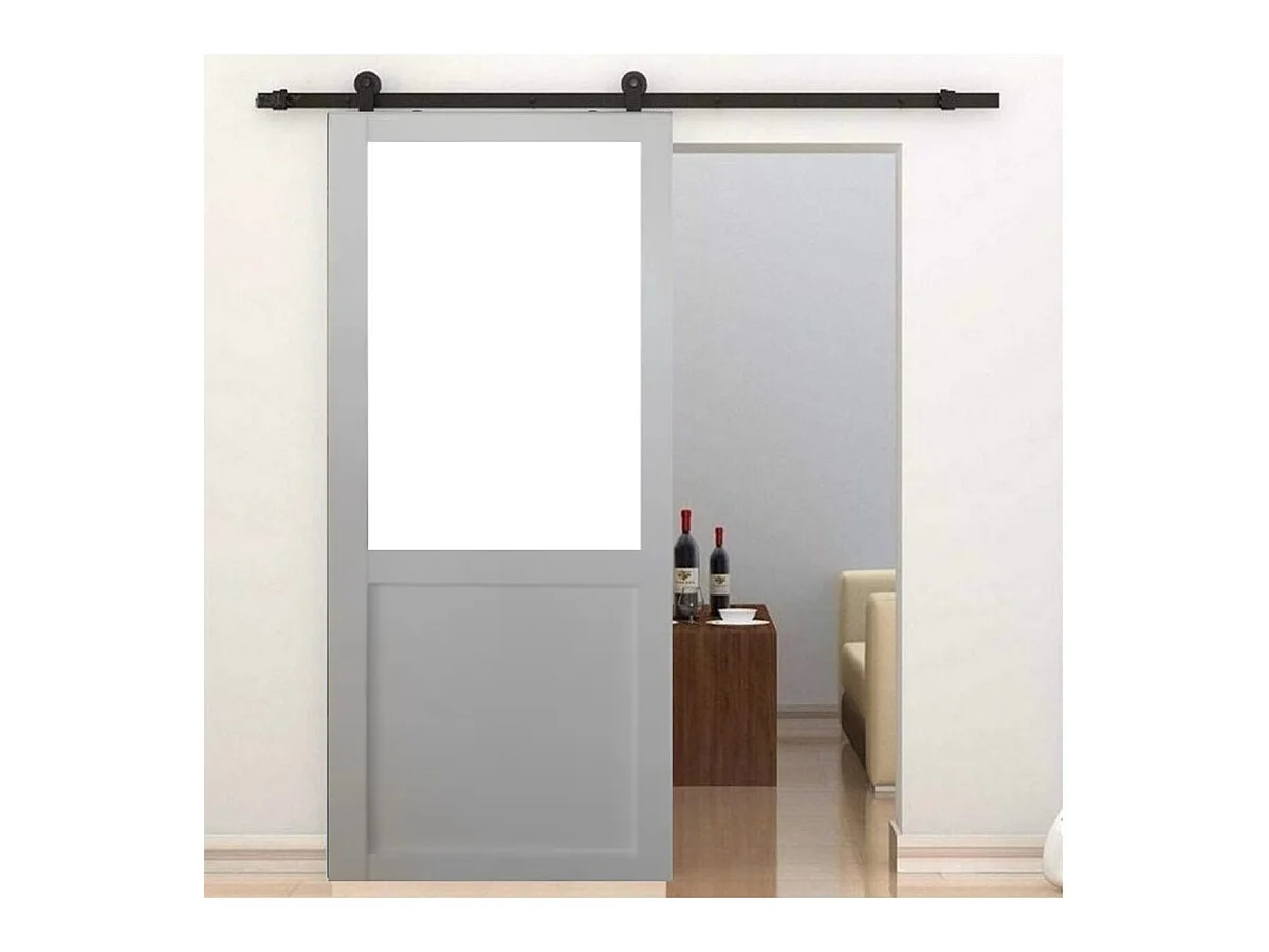 Porte Coulissante Atelier Blanc H204 X L93 Sans Meneau + Rail A Roulettes Noir Gd Menuiseries