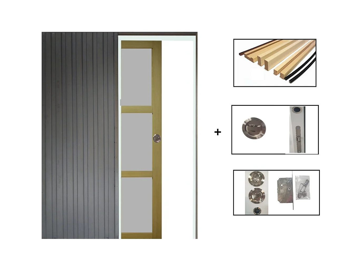 Porte Coulissante Ayous 3 Panneaux Gris Ral 7035 H204 X L73 + Systeme A Galandage Et Kit Finition Inclus Gd Menuiseries