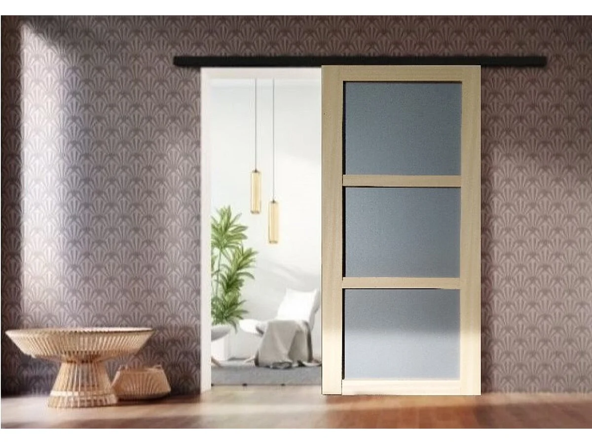 Puerta Corredera Ayous 3 Paneles Gris RAL 7035 H204 x L83 + Riel de aluminio Tira negra y 2 carcasas