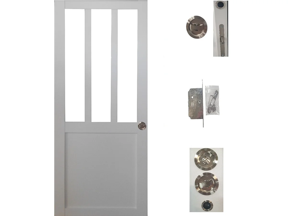 Porte Coulissante Atelier Blanc H204 X L93 + Serrure à Condamnation Gd Menuiseries