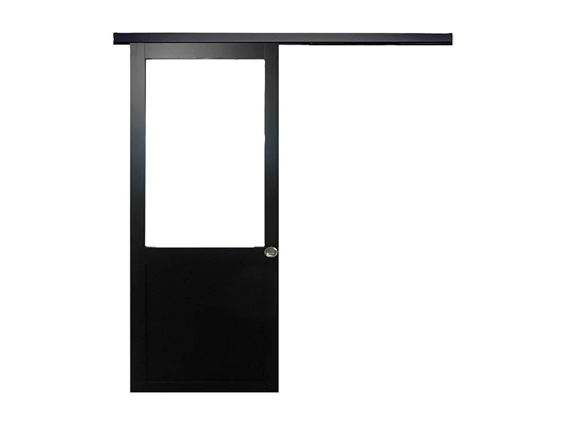 Porte Coulissant Atelier Noir H204 X L93 Sans Meneau + Rail Alu Bandeau Noir Et Coquilles Gd Menuiseries