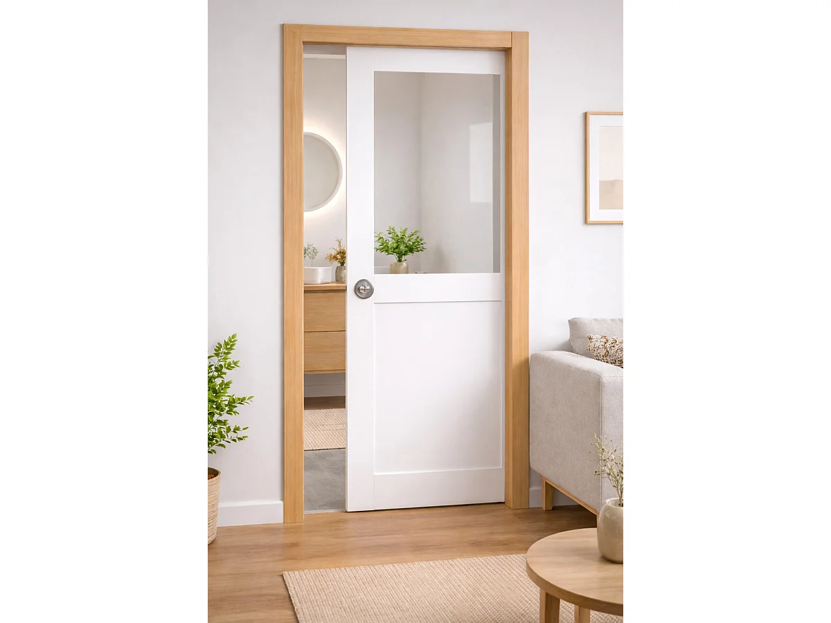 Porte Coulissante Atelier Blanc H204 X L73 Cm Sans Meneau, Galandage, Kit De Finition Gd Menuiseries