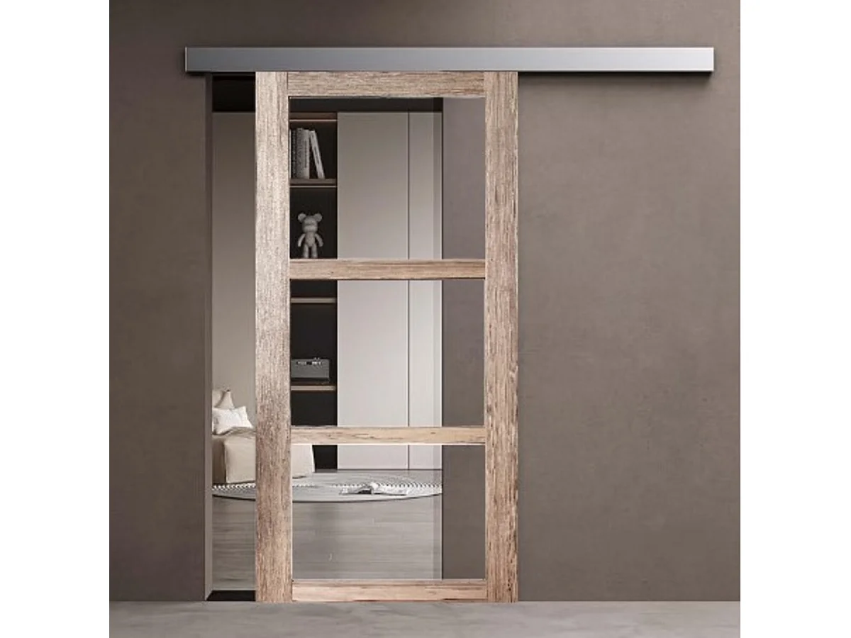 Puerta corredera de madera Frake Acristalamiento transparente H204 x L73 + carril de aluminio blanco y 2 carcasas sin manilla