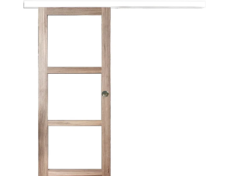 Puerta corredera de madera Frake Acristalamiento transparente H204 x L73 + carril de aluminio blanco y 2 carcasas sin manilla