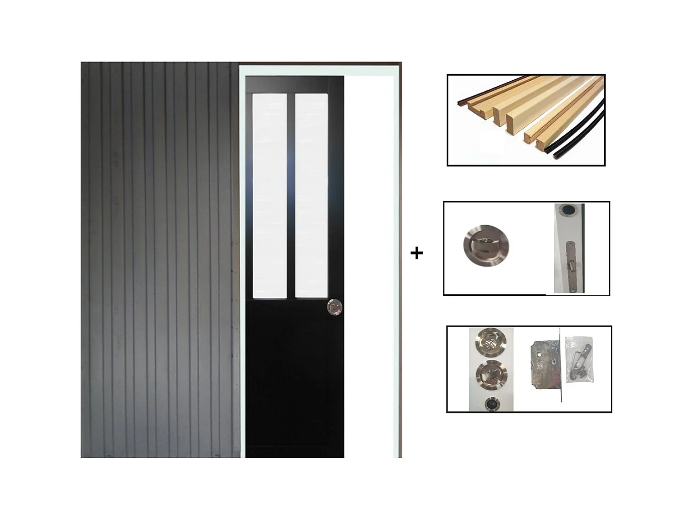 Porte Coulissant Atelier Noir Vitre Depoli H204 X L73 + Systeme De Galandage Et Kit Finition Inclus Gd Menuiseries