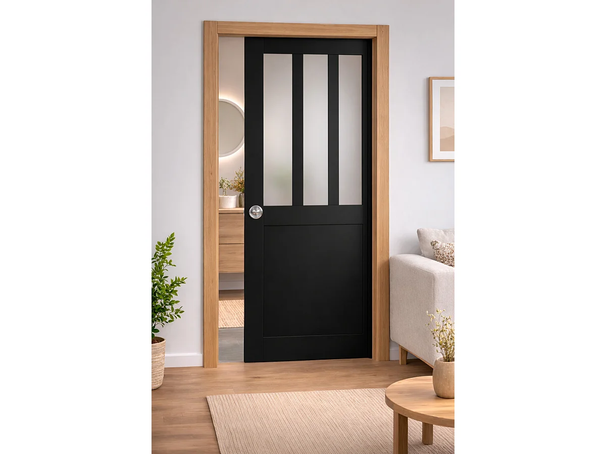 Porta scorrevole da officina nera con vetro depoli H204 x L73 cm, incasso, kit finitura GD MENUISERIES senza maniglia