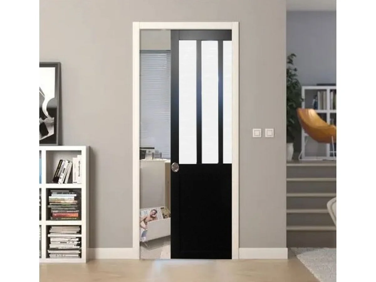 Porta scorrevole da officina nera con vetro depoli H204 x L73 cm, incasso, kit finitura GD MENUISERIES senza maniglia