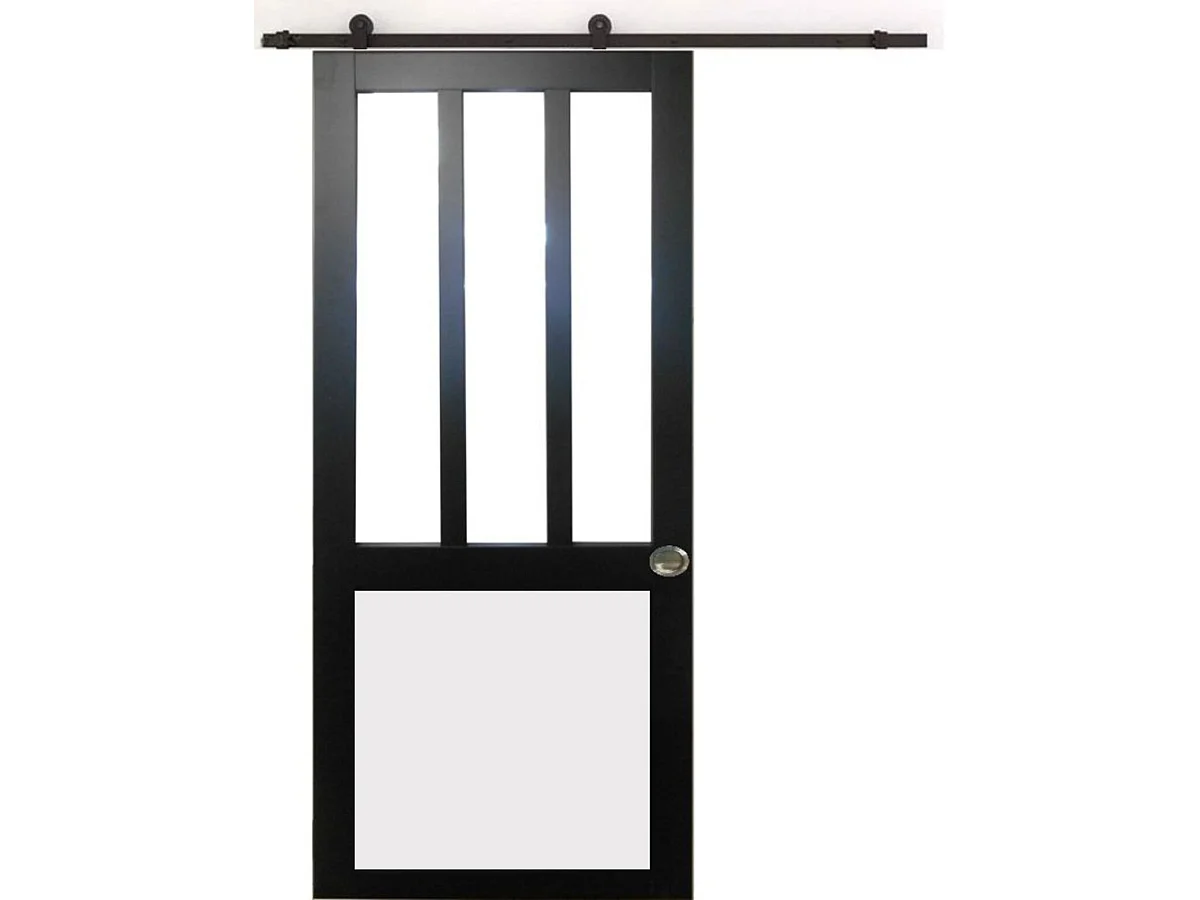 Porta scorrevole da officina nera, bianca con vetro H204 x L83 cm, binario con rotelle, gusci Gd Menuiseries